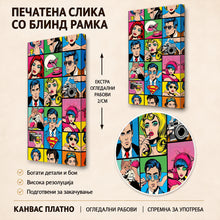 Вчитај ја сликата во галериски мод за гледање, POP0001- Поп-арт комикс колаж со портрети, кафе, фотоапарати и суперхеројски симбол