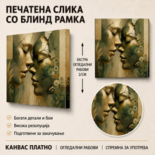 Вчитај ја сликата во галериски мод за гледање, Уметничка композиција со две женски лица во профил, испукана текстура, златни детали и цветни мотиви на темнозелена подлога.