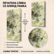Вчитај ја сликата во галериски мод за гледање, Уметничка композиција со разгрането дрво, нежни бели цветови и лисја во маслинесто зелени и кремасти тонови.