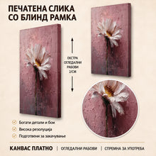 Вчитај ја сликата во галериски мод за гледање, Еден бел цвет со жолто-средиште и зелено стебло е прикажан на текстурирана розово-виолетова позадина.