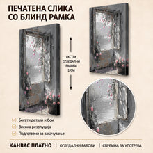 Вчитај ја сликата во галериски мод за гледање, Стара рустична прозорска рамка со нежни розови цветови и гранки, поставена во сив, атмосферичен амбиент.