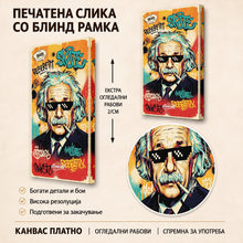 Вчитај ја сликата во галериски мод за гледање, Илустриран портрет на Алберт Ајнштајн со тиркизна коса, очила со пикселни детали, цигара и шарени графити во позадина.