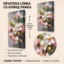 Вчитај ја сликата во галериски мод за гледање, Уметничка композиција со нежни бели и розови цветови на гранки, опкружени со зелени листови и мека заматена позадина.