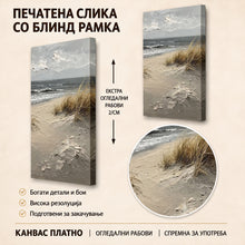 Вчитај ја сликата во галериски мод за гледање, Морски брег со бранови, песочни дини и висока сува трева под облачно сиво небо.