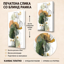 Вчитај ја сликата во галериски мод за гледање, Илустрација со стилизирани цветови и крупни зелени листови, насликани со црни линии и акварелни дамки во топли тонови.