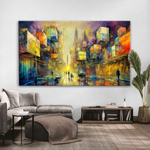 Вчитај ја сликата во галериски мод за гледање, Живописна стилизирана градска улица со високи згради, автомобили, пешаци и силна сончева светлина во далечината.