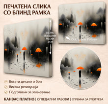 Вчитај ја сликата во галериски мод за гледање, Графички урбан пејзаж со високи згради, дрвја и силуети на луѓе под портокалови чадори на влажен плочник.