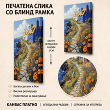 Вчитај ја сликата во галериски мод за гледање, Крајбрежни сини куќи со сламени покриви покрај морето, опкружени со цветна патека и бујна тревна вегетација.