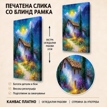 Вчитај ја сликата во галериски мод за гледање, Илустративен пејзаж со мала куќичка со сламен покрив, цветна градина, високи чемпреси и осветлена патека под сино небо.