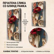 Вчитај ја сликата во галериски мод за гледање, Голем црвен цвет со златен центар и зелено стебло стои пред стара, распукана подлога со дрвени и хартиени фрагменти.