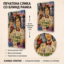 Вчитај ја сликата во галериски мод за гледање, Поп-арт колаж со стилизиран машки портрет, цртан лик, патики, логоа, ракописни натписи и шарени графички елементи распоредени низ слоевита композиција.