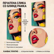 Вчитај ја сликата во галериски мод за гледање, Крупен поп-арт портрет на жена со сини очи, црвени усни, црна коса и големи жолти обетки на тиркизна позадина.