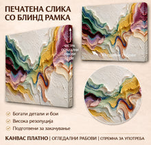 Вчитај ја сликата во галериски мод за гледање, Апстрактна композиција од густо нанесени, брановидни слоеви боја во бела, зелена, златна, сина и бордо нијанса.