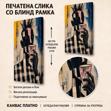 Вчитај ја сликата во галериски мод за гледање, Стилизирано лице со шилеста коса држи розова чаша, прикажано во црно-бежова композиција со сини и жолти акценти.