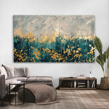 Вчитај ја сликата во галериски мод за гледање, Апстрактна композиција со тиркизни вертикални потези, сиви текстури и златни распрскани форми.