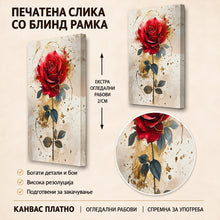 Вчитај ја сликата во галериски мод за гледање, Голема црвена роза со темни листови и златни прскања на светла, текстурирана позадина.