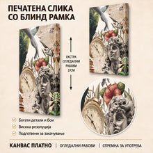 Вчитај ја сликата во галериски мод за гледање, Уметнички колаж со класична камена глава, црвен цвет, стар часовник, книги, весници и зелена природна позадина.