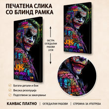 Вчитај ја сликата во галериски мод за гледање, Стилизирана фигура на Џокер со зелена коса и лице покриено со шарени графити и типографски натписи на темна позадина.