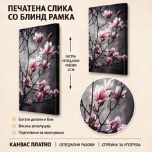 Вчитај ја сликата во галериски мод за гледање, Розови и бели магнолии расцветани на темни гранки, со нежен сив облачен фон и драматично осветлување.