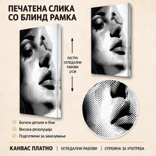 Вчитај ја сликата во галериски мод за гледање, Апстрактен црно-бел крупен план на женско лице со усни, очи и коса прикажани преку густ растер од точки.