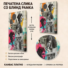 Вчитај ја сликата во галериски мод за гледање, Колаж со женски портрети, класични скулптури и архитектонски елементи во црно-бела основа со живи розови, тиркизни и портокалови тонови.