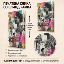 Вчитај ја сликата во галериски мод за гледање, Еклектичен колаж со женски портрети, класична архитектура, скулптури и впечатливи розови, тиркизни и жолти графички површини.