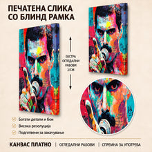 Вчитај ја сликата во галериски мод за гледање, Експресивен поп-арт портрет на жена со темна коса, прикажан во живописни тиркизни, црвени, розови и портокалови тонови.