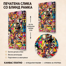 Вчитај ја сликата во галериски мод за гледање, Шарен поп-арт и стрип-колаж со портрети на жени, усни, очила, шишиња „Coca-Cola“, животински мотиви и комични натписи како „WOW“, „POP“ и „SHHH“.