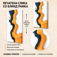 Вчитај ја сликата во галериски мод за гледање, Апстрактна композиција со брановидни портокалови и темносини полиња, контурни линии и расфрлани точки на бела подлога.