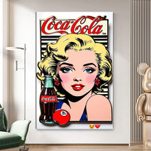 Вчитај ја сликата во галериски мод за гледање, Поп-арт портрет на русокоса жена со сини очи, шише Coca-Cola и билијардна топка пред клавијатура.