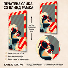 Вчитај ја сликата во галериски мод за гледање, Стилизирана жена со руса коса и црвени очила, прикажана во поп-арт композиција со впечатливи црвено-крем дијагонални линии.