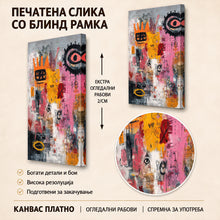 Вчитај ја сликата во галериски мод за гледање, Апстрактна колажна композиција со слоеви од розова, портокалова, црна и сива боја, графички линии и експресивно око.