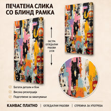 Вчитај ја сликата во галериски мод за гледање, Енергична апстрактна композиција со наслоени текстури, колажни фрагменти и широки потези во портокалова, розова, црна и сина боја.