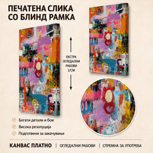 Вчитај ја сликата во галериски мод за гледање, Енергична апстрактна композиција со слоеви од шарени потези, геометриски форми, текстури и рачно испишани знаци.