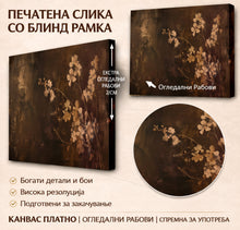 Вчитај ја сликата во галериски мод за гледање, Стилизирани светли цветови и тенки гранки се распоредени на темна, текстурирана кафеаво-бронзена подлога.