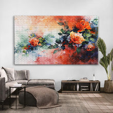 Вчитај ја сликата во галериски мод за гледање, Апстрактна акварелна композиција со повеќе портокалови и црвени рози, зелени лисја и разлеани сини и пастелни тонови.