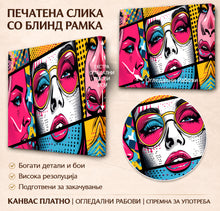 Вчитај ја сликата во галериски мод за гледање, Колаж од стилизирани женски лица со впечатливи очи, усни и очила во живи поп-арт бои и графички точки.